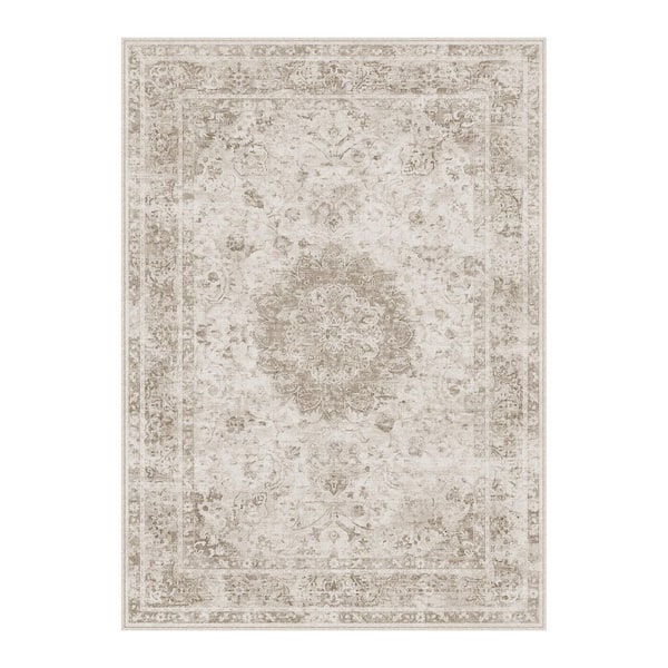 Twilight Gray 5 ft. x 7 ft. Vintage Washable Medallion Distressed Area Rug