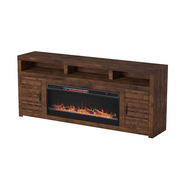 Bridgevine Home 78 in. Fully Assembled Brown TV Stand with Electric Fireplace, Fits TV's up to