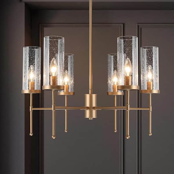 Modern Satin Gold Island Chandelier 6-Light Transitional Candlestick Linear Chandelier with Seeded Glass Shades