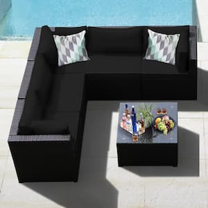Metal Wicker Outdoor Patio Sectional Sofa Conversation Set Outdoor with Black Cushions (6 pcs)