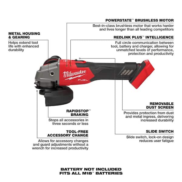 Milwaukee 2889-20 M18 FUEL 18V Lithium-Ion Brushless Cordless 4-1/2 in./5 in. Grinder with Variable Speed & Slide Switch (Tool-Only) - 3
