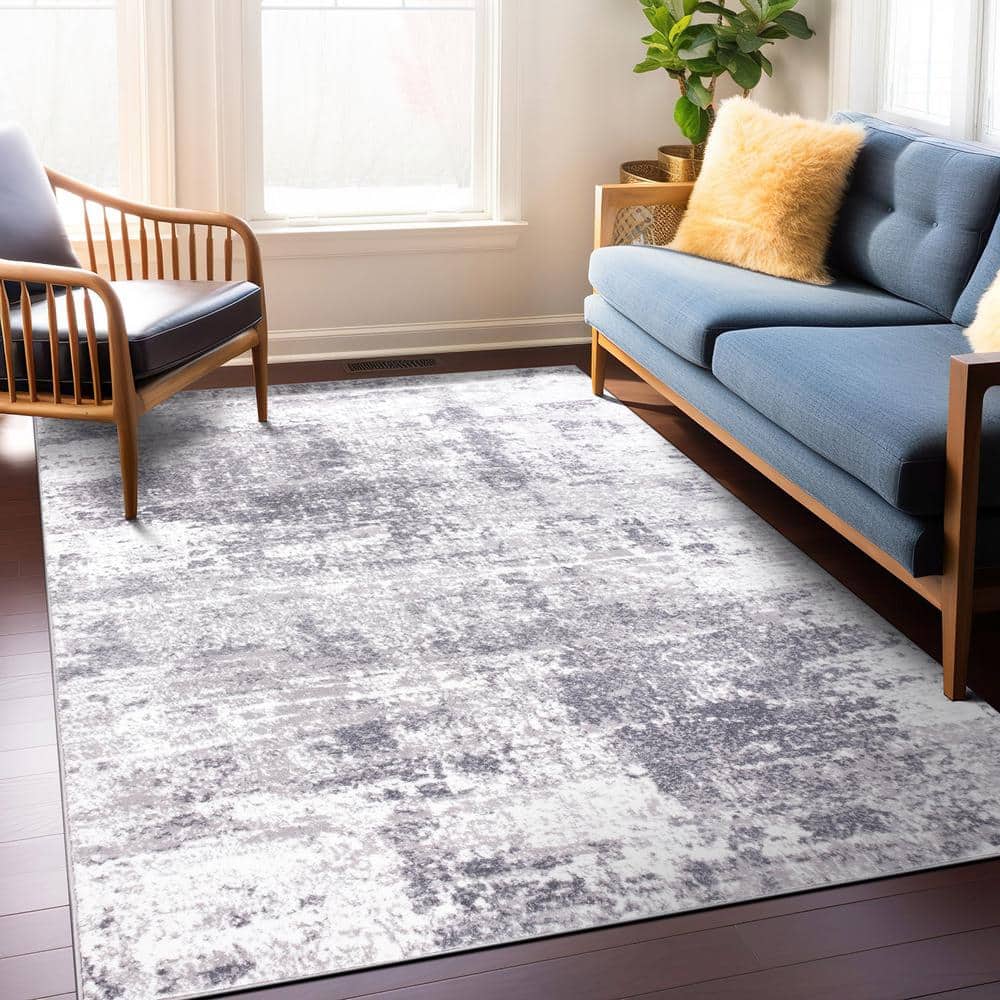 Gray Abstract 5' x 7' Stain-Resistant Synthetic Area Rug