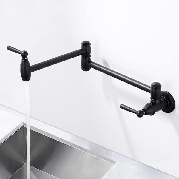 Brass Wall Mount Pot Filler with Brass Valve, 2-Handles, Double Joint Swing Arms and 2-Aerators in Matte Black