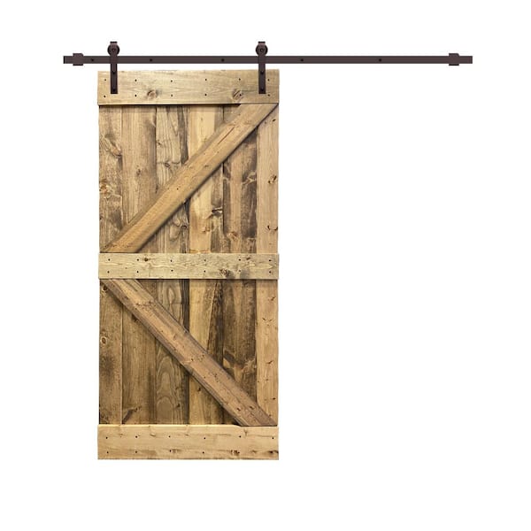 CALHOME K Series 30 in. x 84 in. Solid Weather Oak Stained Knotty Pine Wood Interior Sliding Barn Door with Hardware Kit