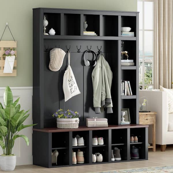 Irwin Multi-functional 4 in 1 Black+Dark Walnut Entryway Hall Tree with Shoe Cabinet, Bench, Adjustable Shelves, Hooks