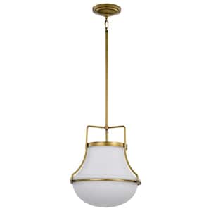Valdora 60-Watt 1-Light Natural Brass Shaded Pendant Light with White Opal Glass Shade and No Bulbs Included