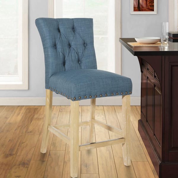 Back Wood Counter Stool In Blue Fabric, Danna 24 Bar Stool With Cushion