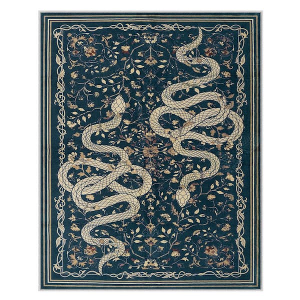 Washable Vintage Snake Pattern Non Slip Blue Serpent 8 ft. x 10 ft. Living Room/Bedroom Indoor Area Rug