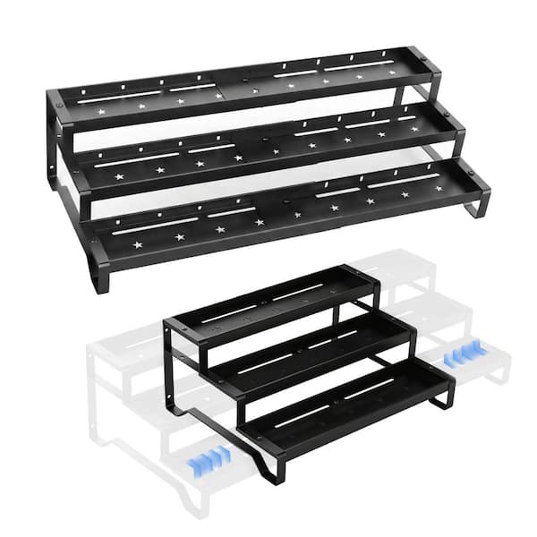 3 Tier Black Expandable Countertop Spice Rack Organizer with Guardrails Metal Shelf for Seasoning Storage 1-Pack