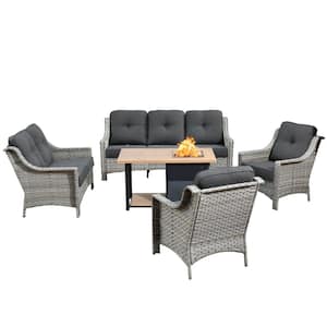 Verona Grey 5-Piece Wicker Outdoor Patio Conversation Sofa Loveseat Set with a Storage Fire Pit and Black Cushions