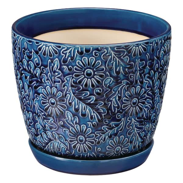 10 in. Lillian Blue Floral Decor Glazed Ceramic Planter (10 in. D x 8.9 in. H) with Drainage Hole and Attached Saucer