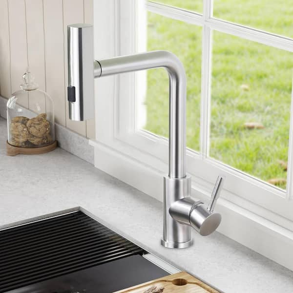 Waterfall 15.7 in. Single Handle Pull Down Sprayer Kitchen Faucet with 360° Spout Swivel in Brushed Nickel