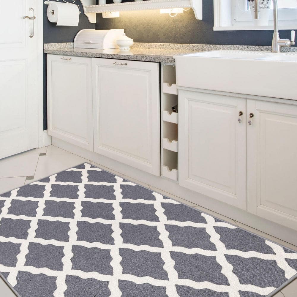 Gray and White Washable Non-Slip Trellis Area Rug