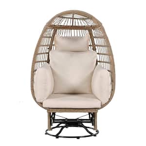 Natural Swivel Chair Wicker Outdoor Swivel Patio Egg Lounge Chair with Beige Cushion and 4 Pillows