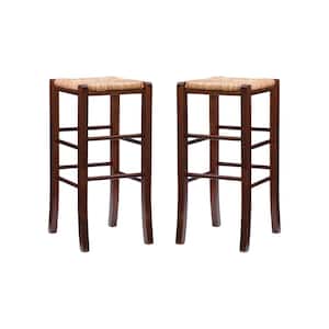 Marlene 29.15 Seat Height Walnut Brown Backless Wood Frame Barstool with Natural Seagrass Seat (Set of 2)