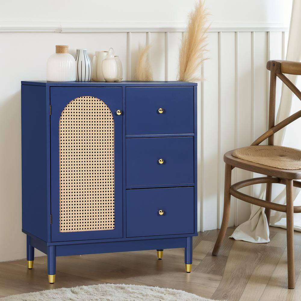 PHI VILLA 35.4 in. Navy Blue Rattan Arched Accent Storage Cabinet