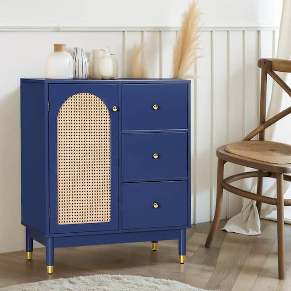 PHI VILLA 35.4 in. Navy Blue Rattan Arched Accent Storage Cabinet with 1 Door and 3-Drawer