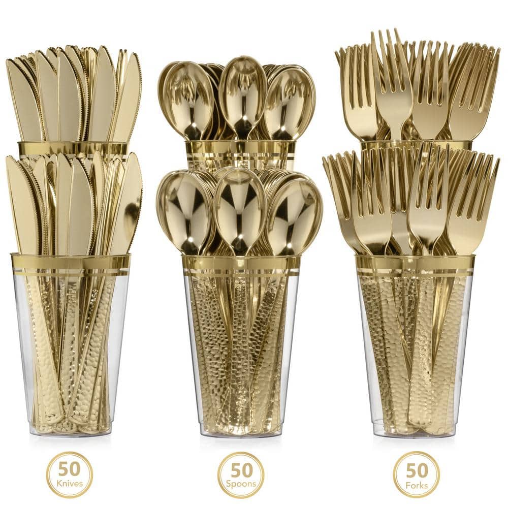 Perfect Settings Tableware 150 Pieces Gold Plastic Disposable Cutlery Set - Metallic Plastic Silverware With A Hammered Finish-50 Sets (Set of 150)