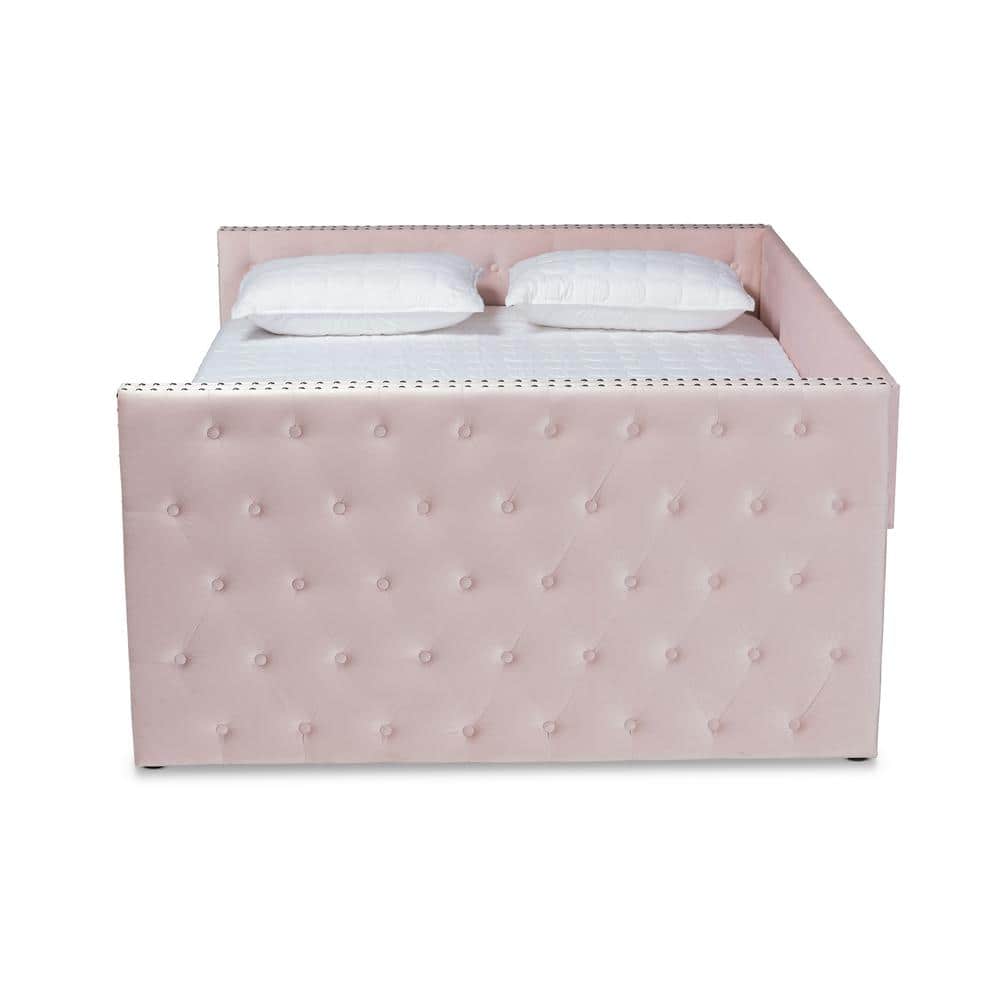 Pink Velvet Upholstered Queen Daybed with Trundle and Tufted Design