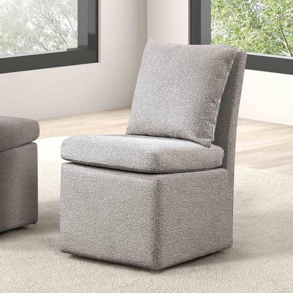 Josiah Modern Light Gray Boucle Fabric Upholstered Dining Chair with Wheels, Back Pillow