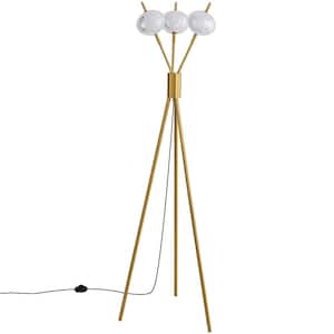 64.96 in. Gold Modern 3-Light Dimmable Tripod Floor Lamp Plug-in for Living Room with Clear Globe Acrylic Shade