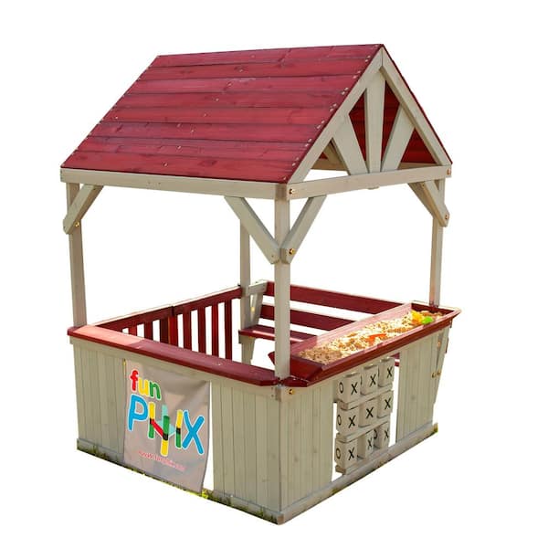 Funphix Hangout Hut, Kids Outdoor Wooden Playhouse with Sandbox and Tic Tac Toe