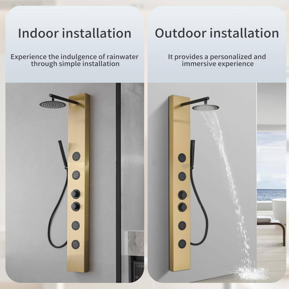 Gold and Black Stainless Steel Shower Panel System with Rainfall Showerhead