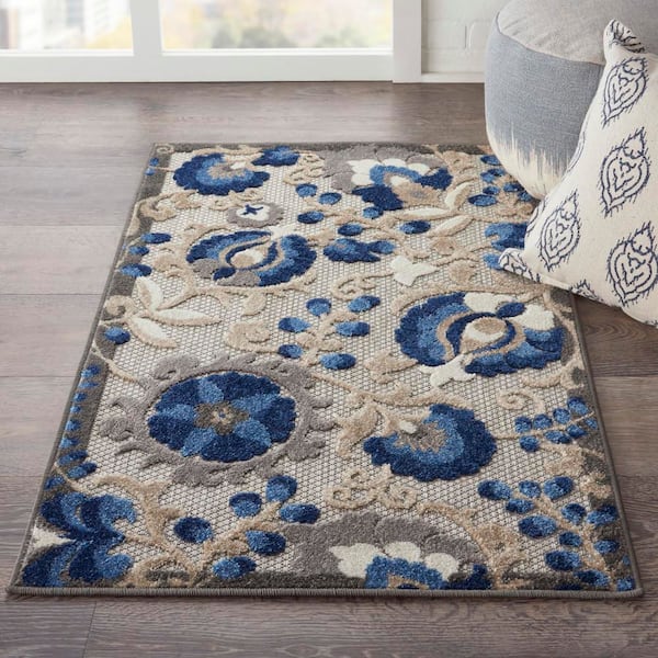 Aloha Blue doormat 3 ft. x 4 ft. Floral Modern Indoor/Outdoor Patio Kitchen Area Rug