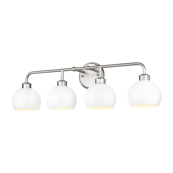 JAZAVA 32.3 in. 4-Light White and Brushed Nickel Vanity Light with Metal Shade for Bathroom