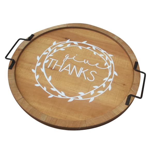 Brown Give Thanks Round Wood Tray with Black Metal Handle