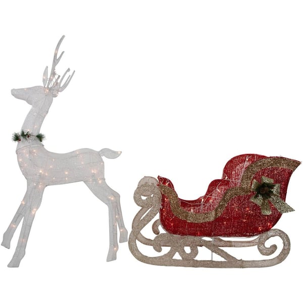 51 in. Lighted White Reindeer with Sleigh Christmas Decoration