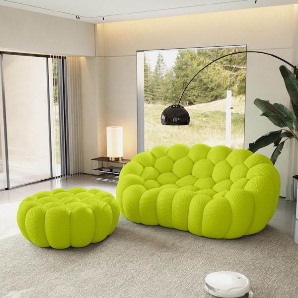 Set of 2 Bubble Curved Sofa, 79 in. Memory Foam Mesh Fabric Loveseat Couch with Ottoman for Apartment in Lemon Green