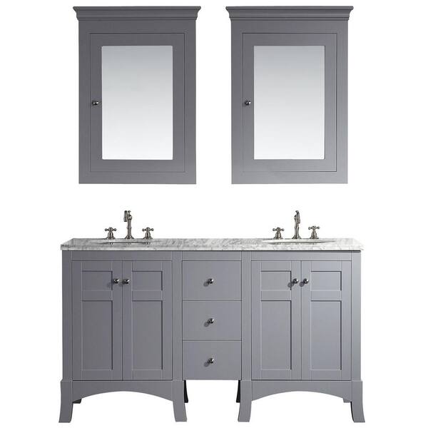  EQLOO 60 Grey Square Double Sink Bathroom Vanity Compact Set 4  Large Folding Doors 5 Drawers Carrara White Marble Stone Top backsplash  Bathroom Cabinet No Mirror (60 inch, Grey