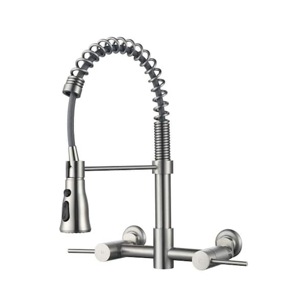 Double Handle Wall Mount Pull Down Sprayer Kitchen Faucet in Brushed Nickel