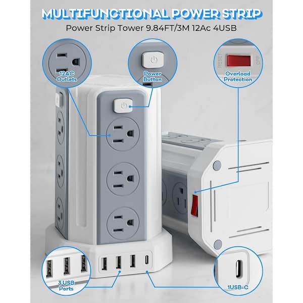 12 AC Power Strip Tower with 6 USB A, 16.4ft Cable white [Plug Type B]