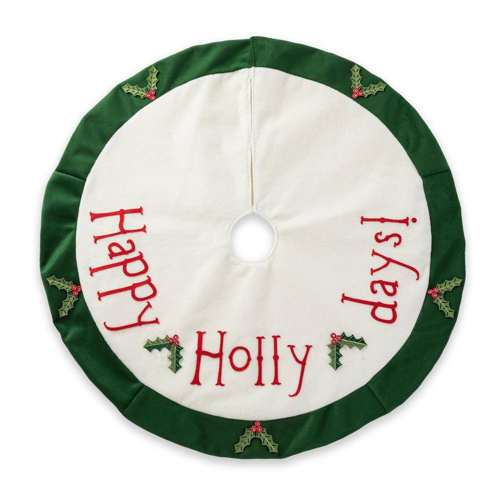 48" Green and White Felt Christmas Tree Skirt with Holly Leaves