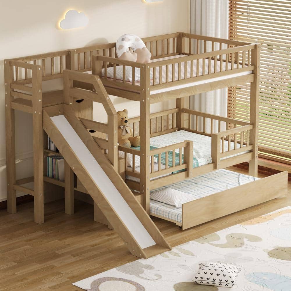 Walnut Twin over Twin Wood Bunk Bed with Storage Staircase, Slide, Trundle price history on PriceWatchPro