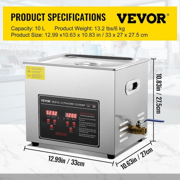 VEVOR 10 L Ultrasonic Cleaner with Digital Timer and Heater Stainless Steel  Heated Cleaning Machine for Glass, Watch, Ring SXCSBQXJ10L02FU3NV1 - The  Home Depot