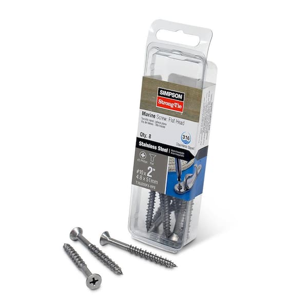 #10 x 2 in. #2 Phillips Drive, Flat Head, Type 316 Stainless Steel Marine Screw (8-Pack)