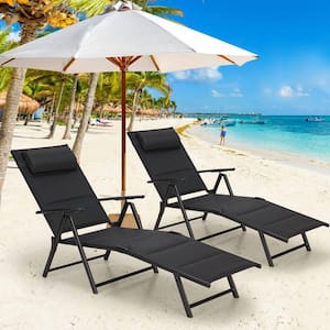 Black Plastic Outdoor Folding Chaise Lounge Chair Reclining Adjustable with 7-Position Adjustable Backrest Set of 2