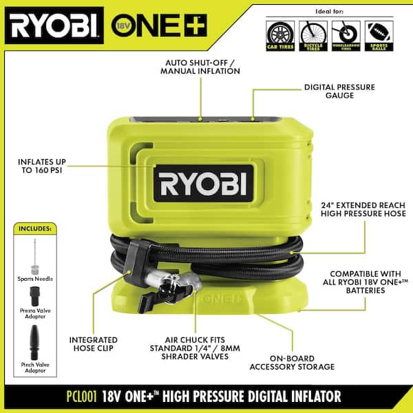 RYOBI ONE+ 18V Cordless High Pressure Inflator Kit with 2.0 Ah Battery and Charger