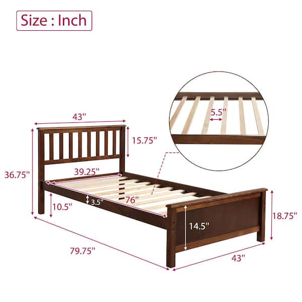 Twin Bed Frame No Box Spring Needed, Walnut Twin Platform Bed Frame with Headboard and Storage Drawers, Modern Wood Twin Bed Frame Bedroom Furniture