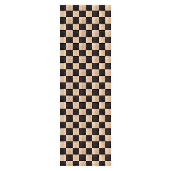 Heavey Duty Checkered Black and Beige 31 in. W x 16 ft. L Indoor/Outdoor Runner Rug