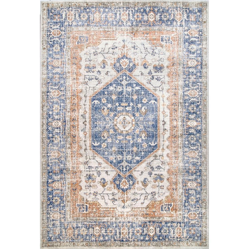 Vintage Blue Floral Rectangular Easy Care Area Rug