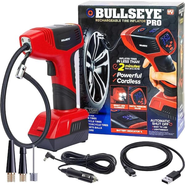 BULLSEYE Pro 150 PSI Cordless Handheld Rechargeable Tire Inflator with Digital Pressure Gauge and Battery Indicator