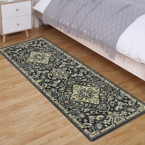 Wilton Collection Grey 2 ft. x 6 ft. Persian Floral Medallion Area Rug