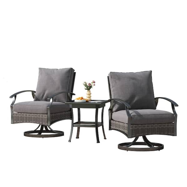 3-Piece Metal Swivel Outdoor Rocking Chairs Patio Conversation Set with Gray Cushions