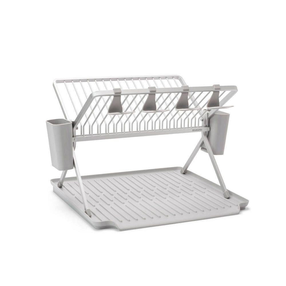 Large Foldable Gray Metal Dish Rack with Utensil Cup
