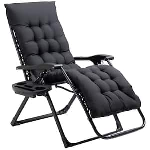 Metal Zero Gravity Chair, Foldable Reclining Outdoor Patio Chaise Lounge Chair with Black Cushion and Side Tray