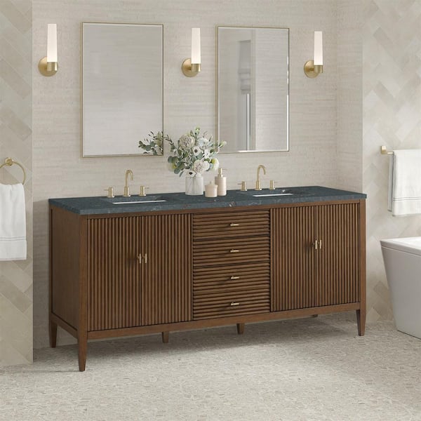 James Martin Vanities Myrrin 72.0 in. W x 23.5 in. D x 34.06 in. H Double Bathroom Vanity in Mid-Century Walnut with Parisien Bleu Quartz Top